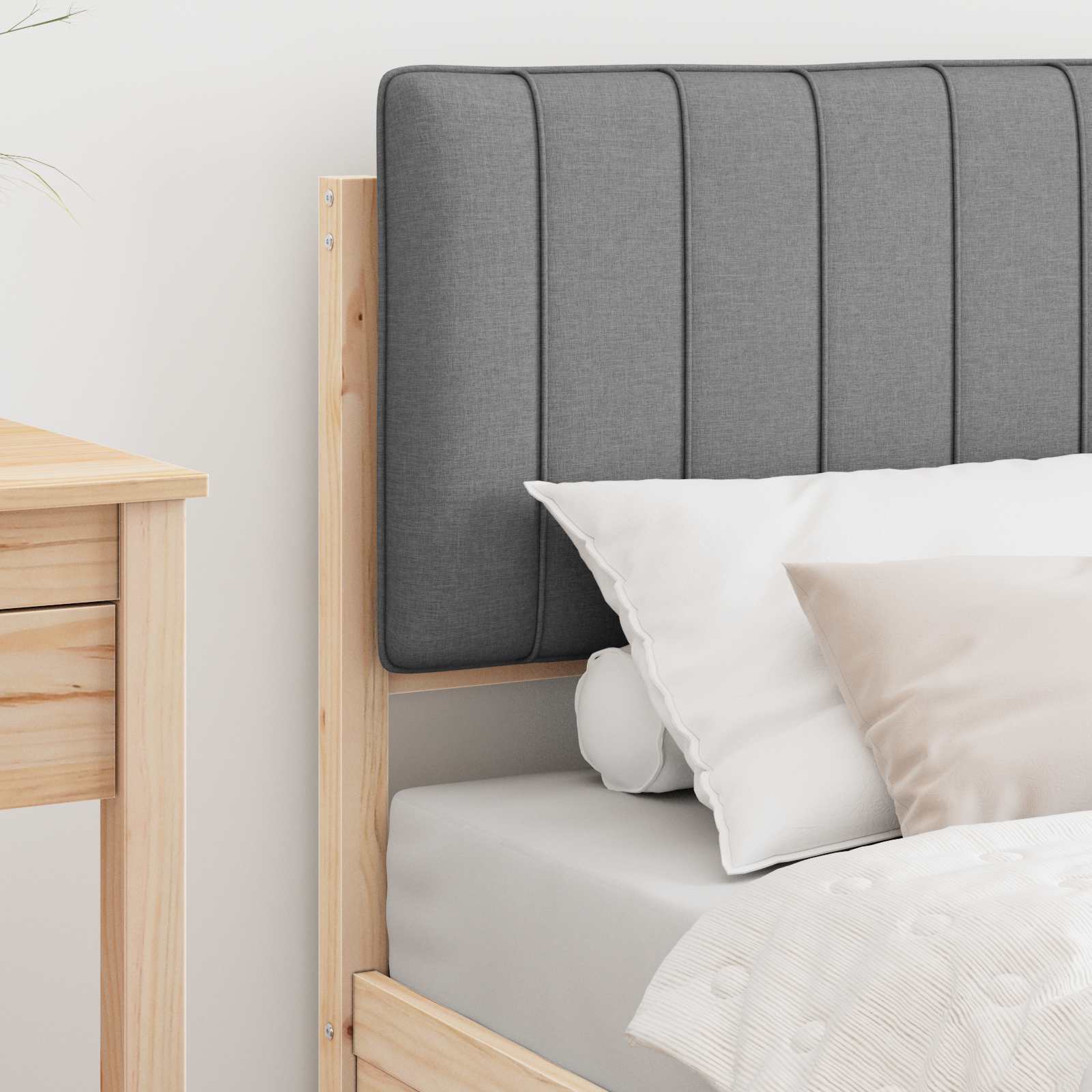 Estrutura de cama com cabeceira estofada cinzento-claro