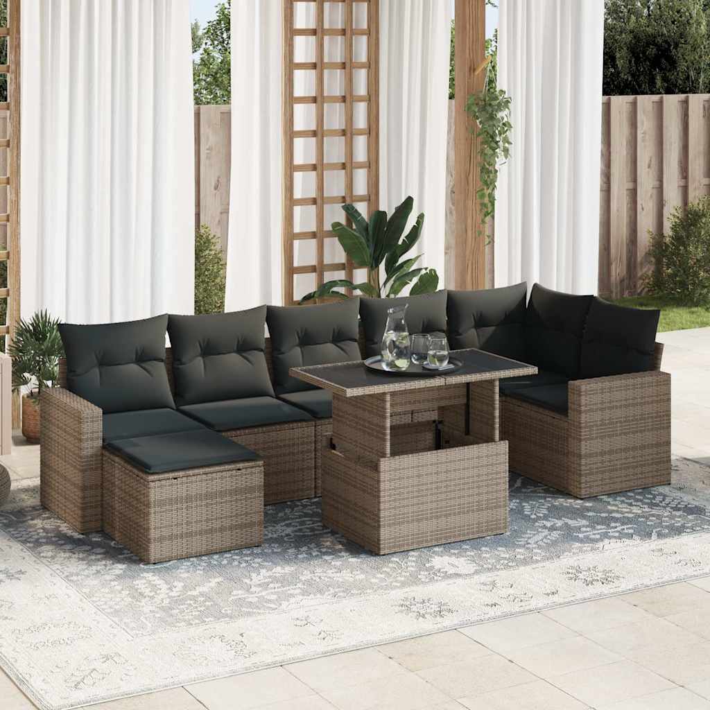 8 Pcs conjunto sofás de jardim c/ almofadões vime PE cinzento