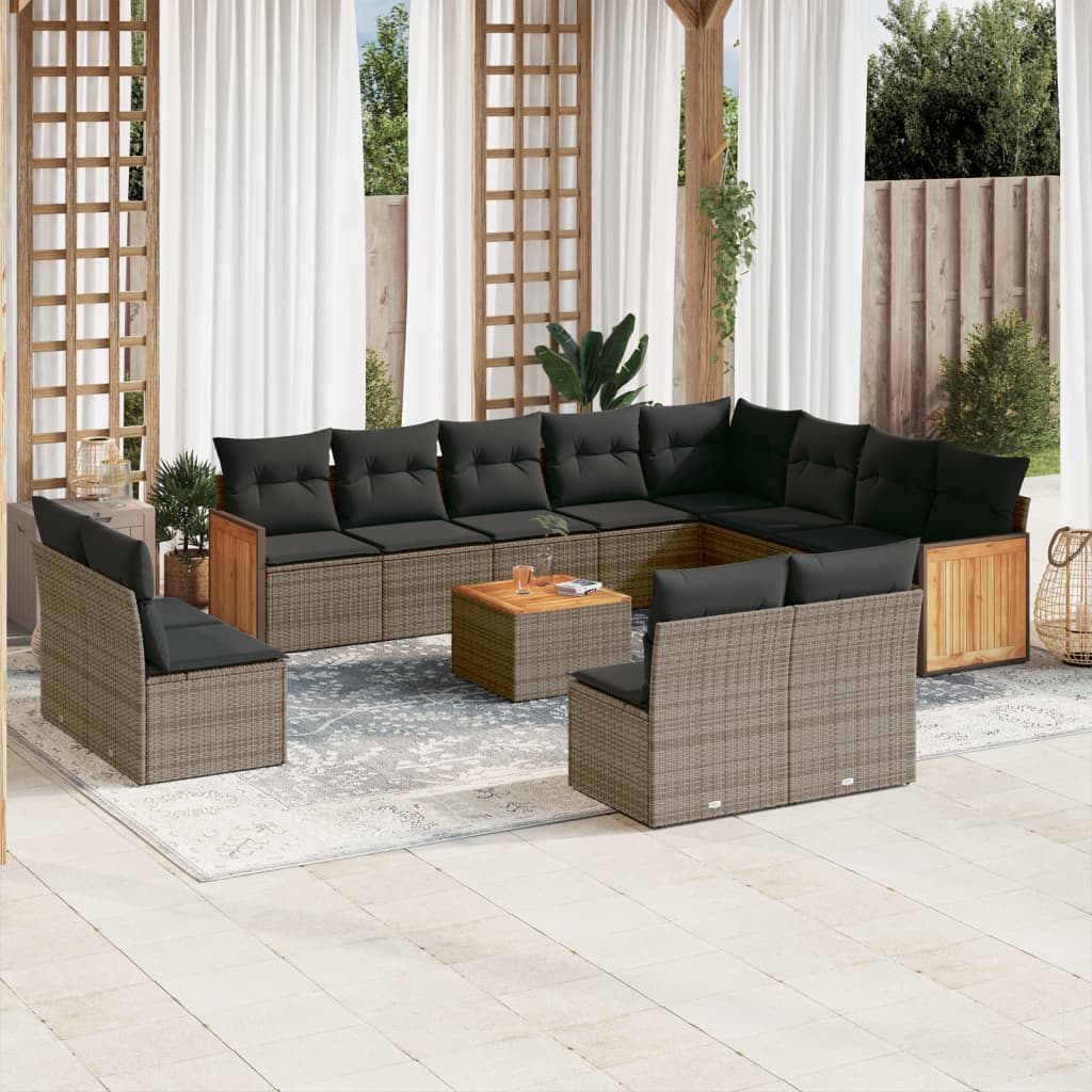 13 Pcs conjunto sofás p/ jardim c/ almofadões vime PE cinzento