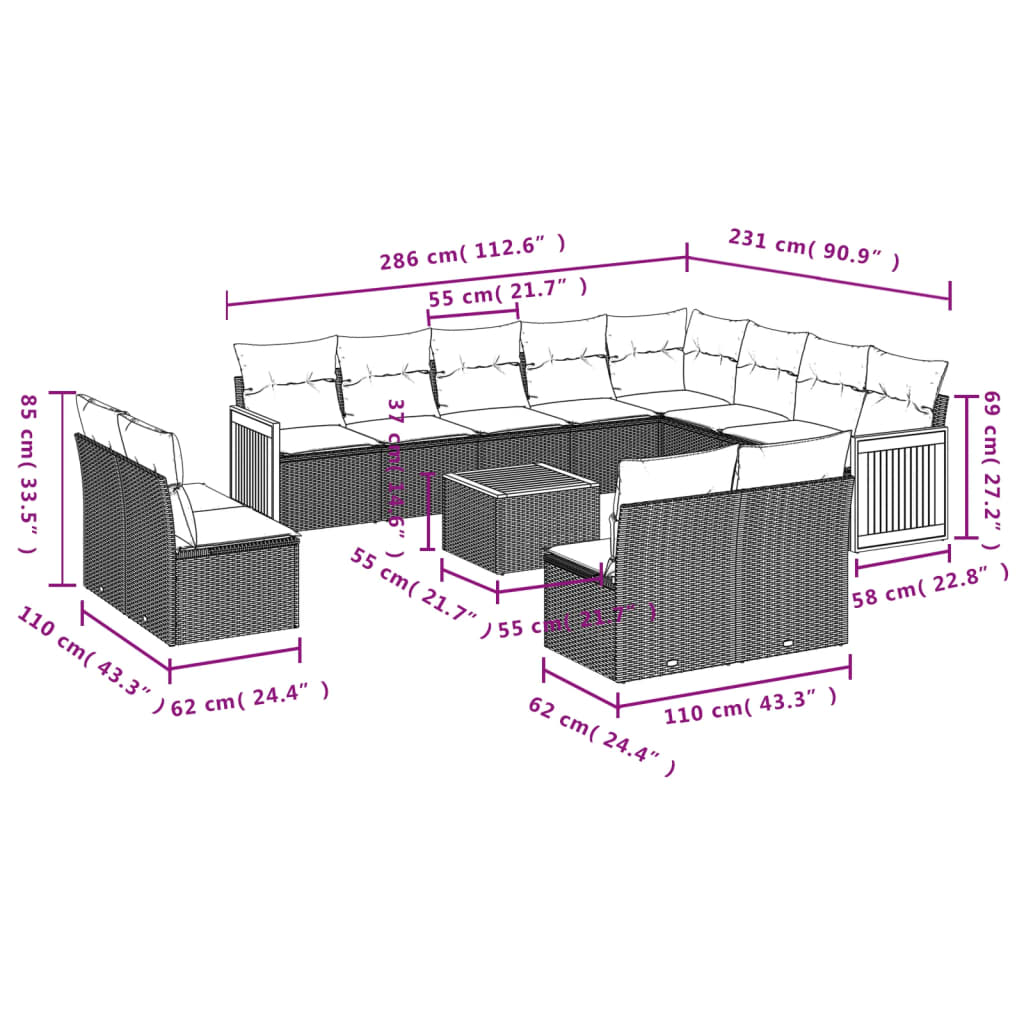 13 Pcs conjunto sofás p/ jardim c/ almofadões vime PE cinzento