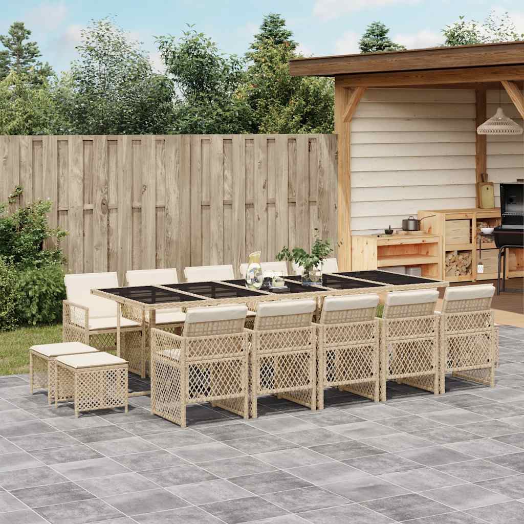 15 Pcs conjunto de jantar p/ jardim com almofadões vime PE bege