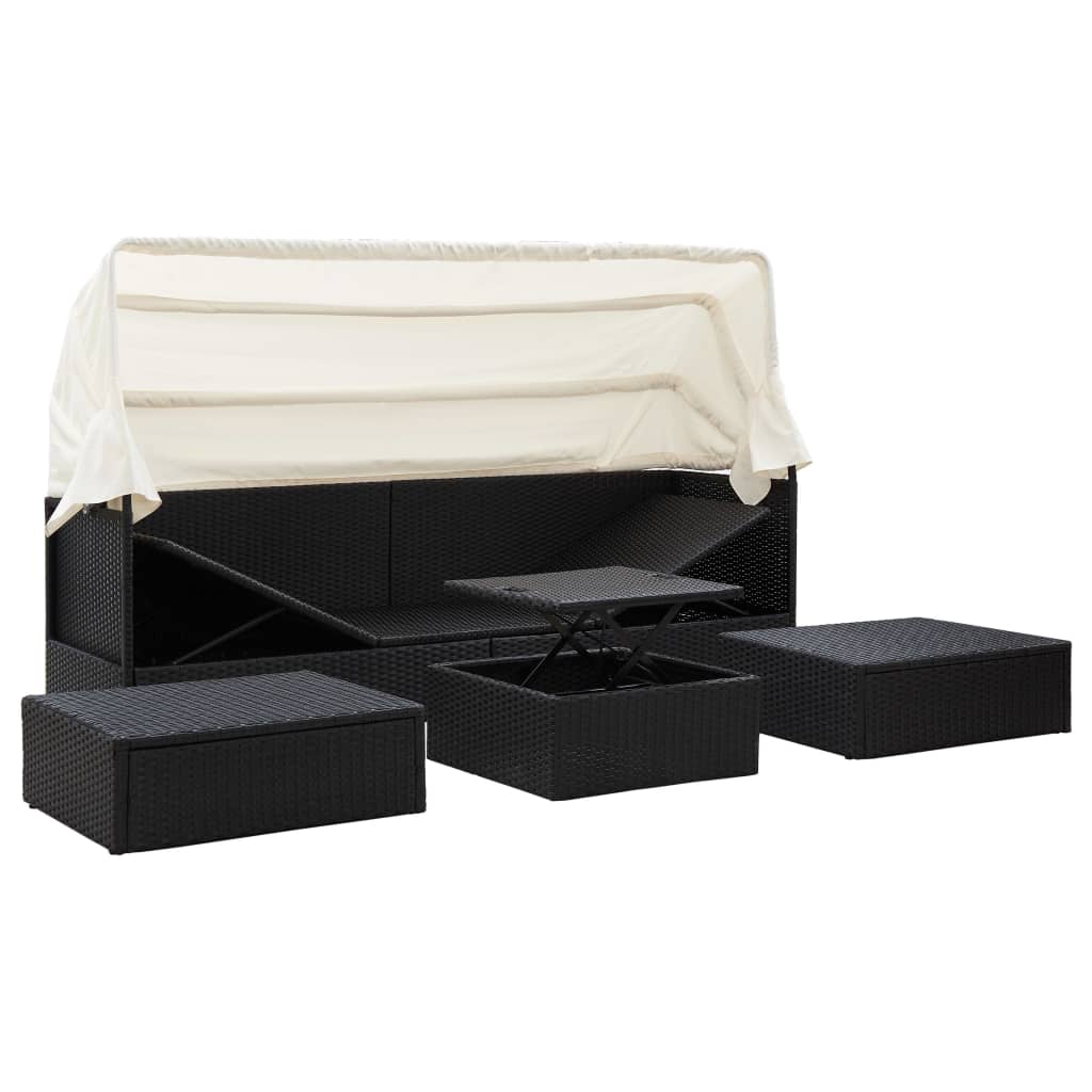 Espreguiçadeira de jardim com teto vime PE preto