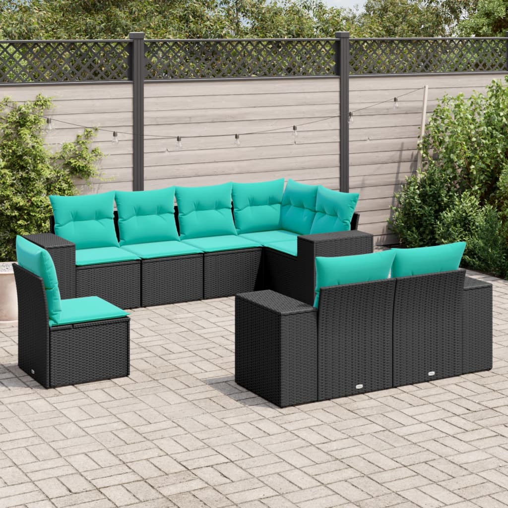 Conjunto de sofá de jardim com 8 peças e almofadas em rattan sintético preto