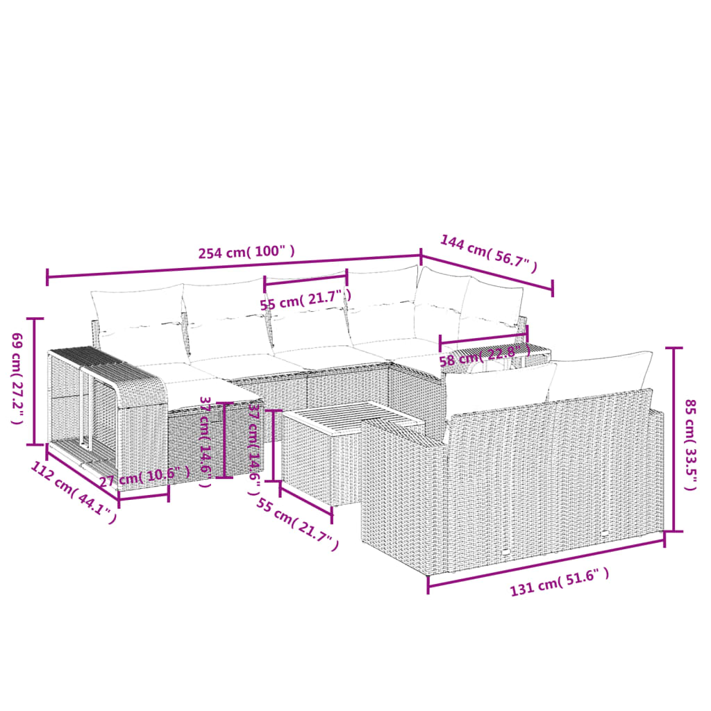 11 Pcs conjunto sofás de jardim c/ almofadões vime PE bege