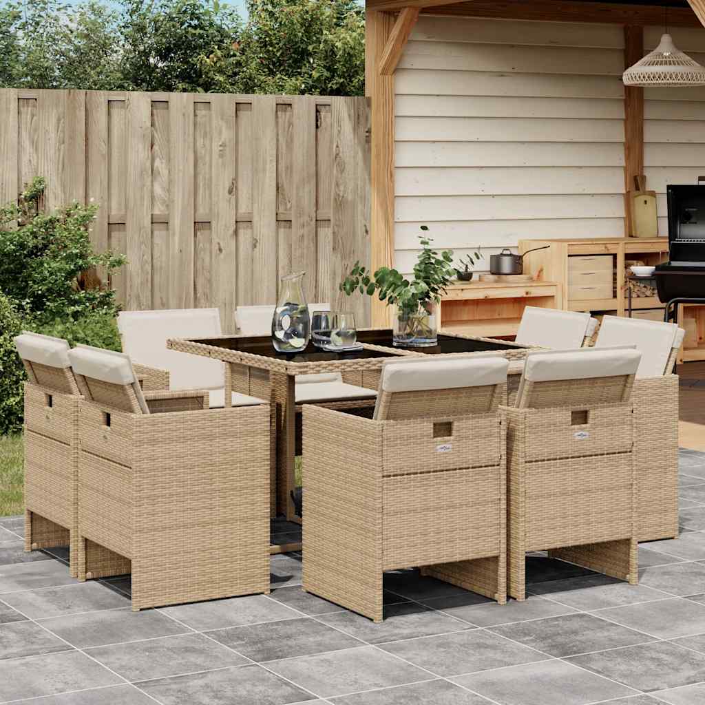 9 Pcs conjunto de jantar p/ jardim com almofadões vime PE bege