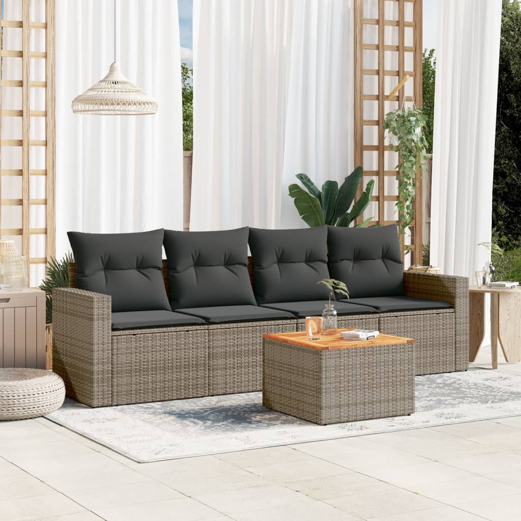 5 Pcs conjunto sofás de jardim c/ almofadões vime PE cinzento