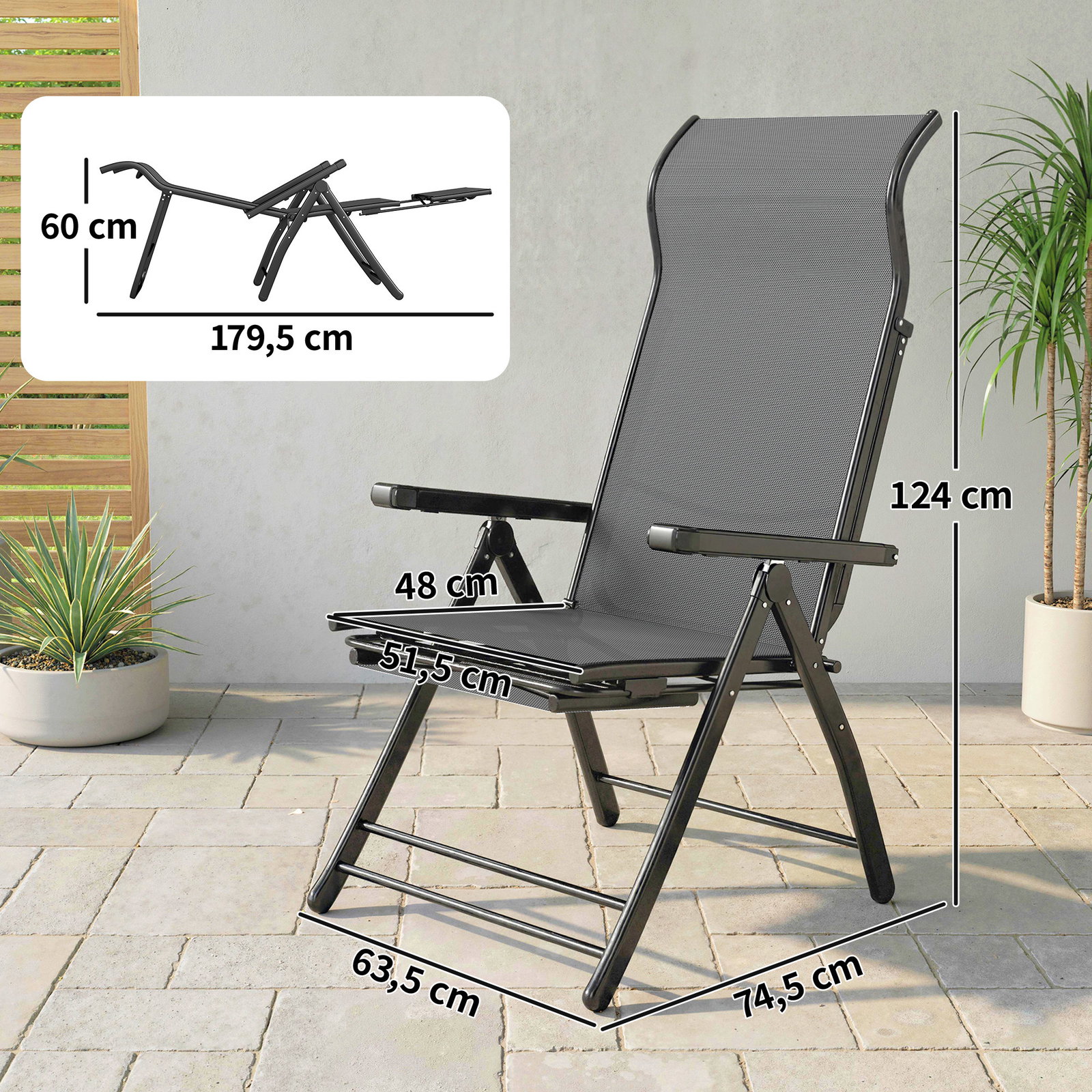 Conjunto de 2 cadeiras dobráveis reclináveis de jardim exterior com encosto alto ajustável em 5 posições apoio para pés cinza escuro