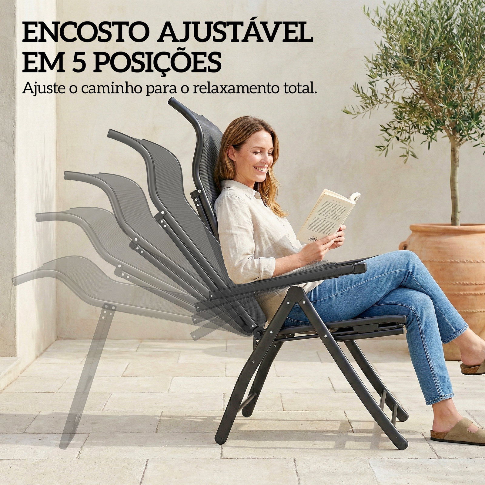 Conjunto de 2 cadeiras dobráveis reclináveis de jardim exterior com encosto alto ajustável em 5 posições apoio para pés cinza escuro
