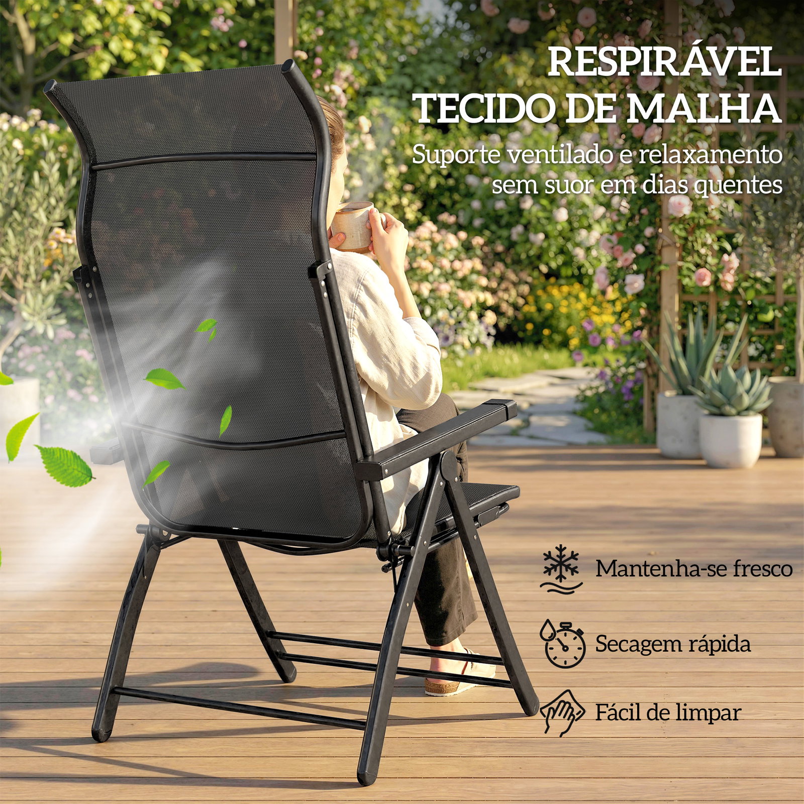 Conjunto de 2 cadeiras dobráveis reclináveis de jardim exterior com encosto alto ajustável em 5 posições apoio para pés cinza escuro