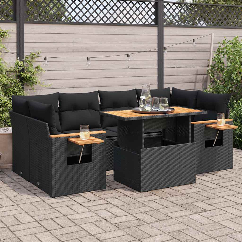 7 Pcs conjunto sofás jardim c/ almofadões vime PE/acácia preto