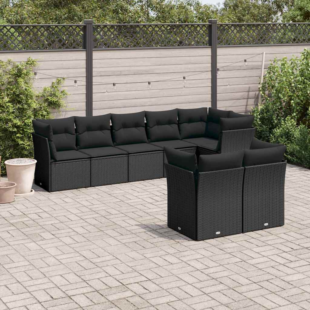 8 Pcs conjunto sofás de jardim com almofadões vime PE preto