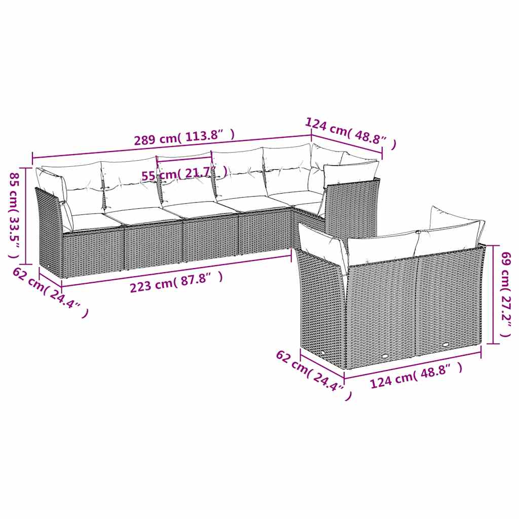 8 Pcs conjunto sofás de jardim com almofadões vime PE preto