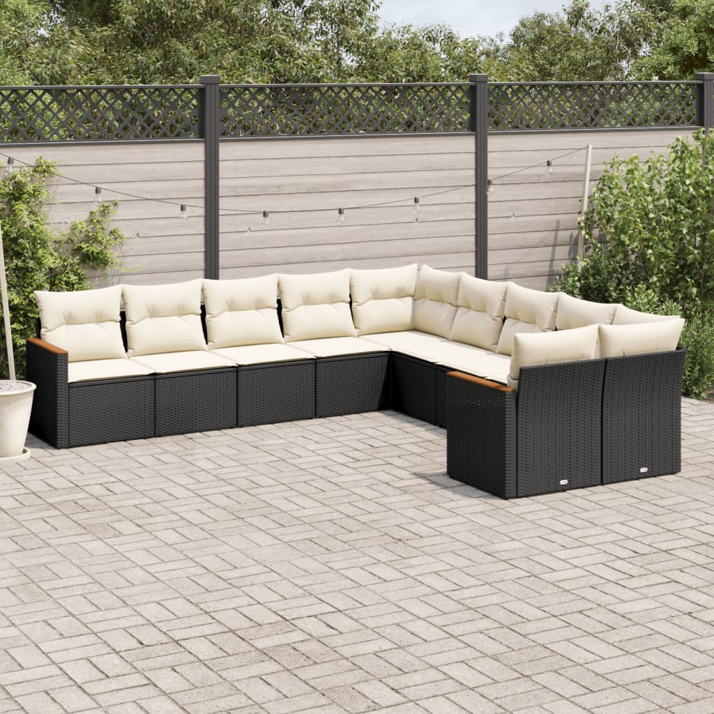 10 Pcs conjunto sofás de jardim c/ almofadões vime PE preto