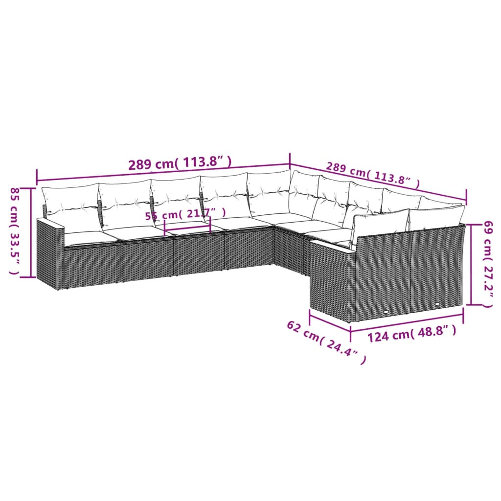 10 Pcs conjunto sofás de jardim c/ almofadões vime PE preto