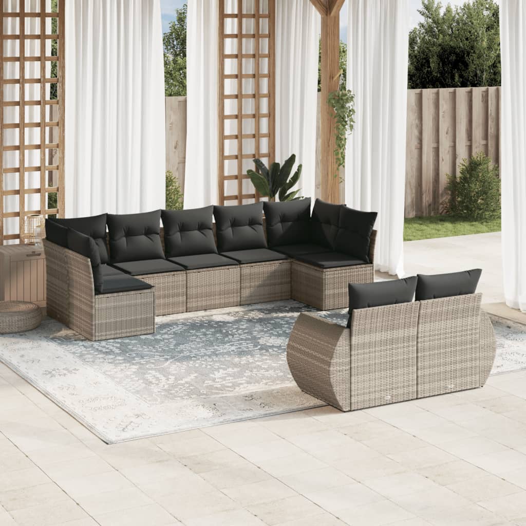 9 Pcs conj. sofás jardim com almofadões vime PE cinzento-claro