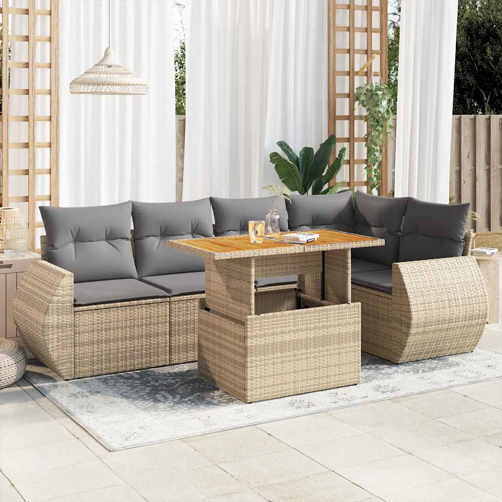 6 Pcs conjunto de sofás p/ jardim com almofadões vime PE bege
