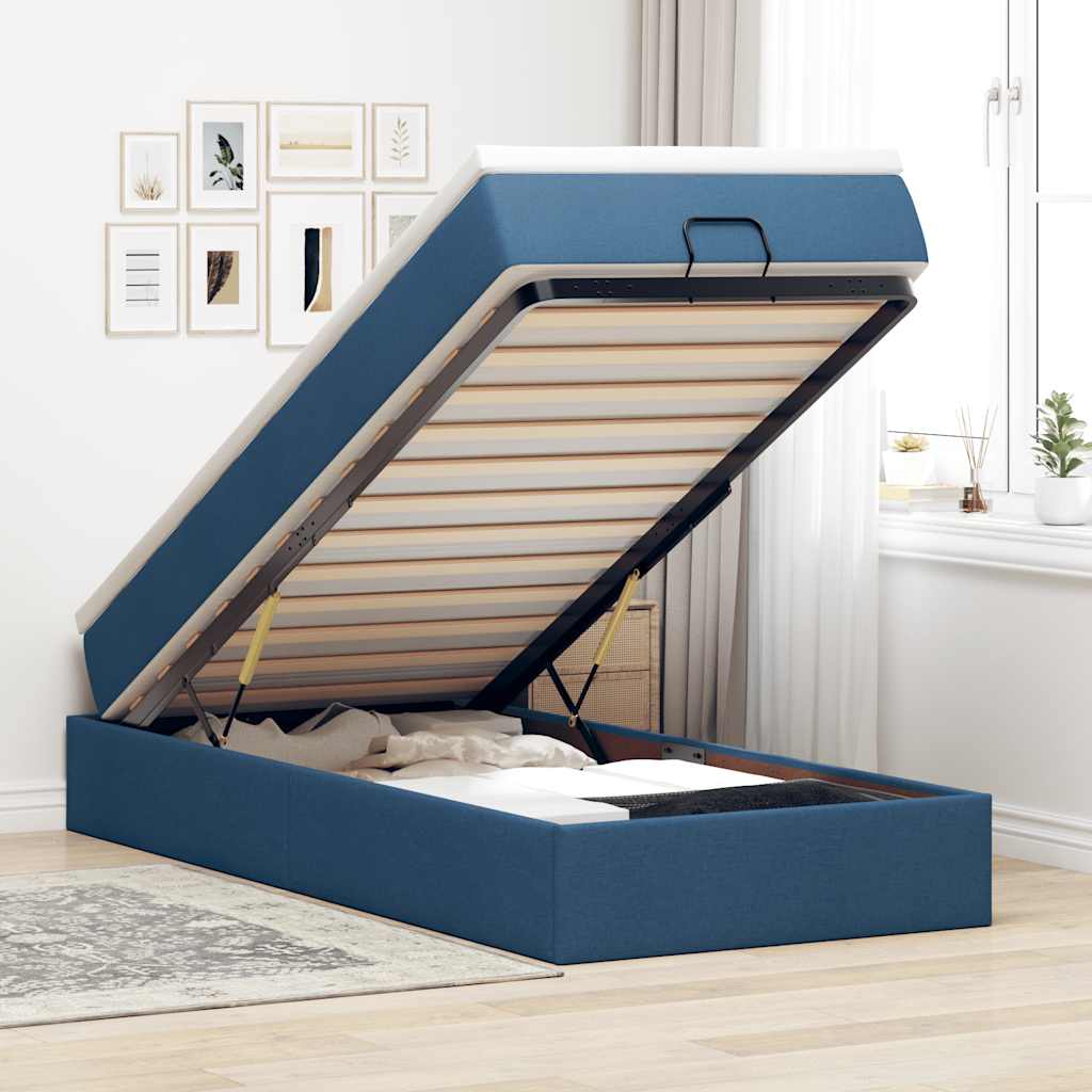 Estrutura de cama otomana com colchão 100x200cm tecido azul