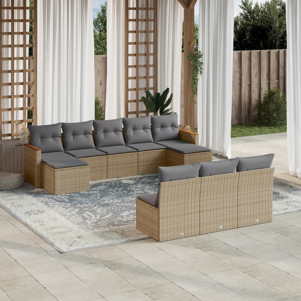 10 Pcs conjunto de sofás p/ jardim com almofadões vime PE bege