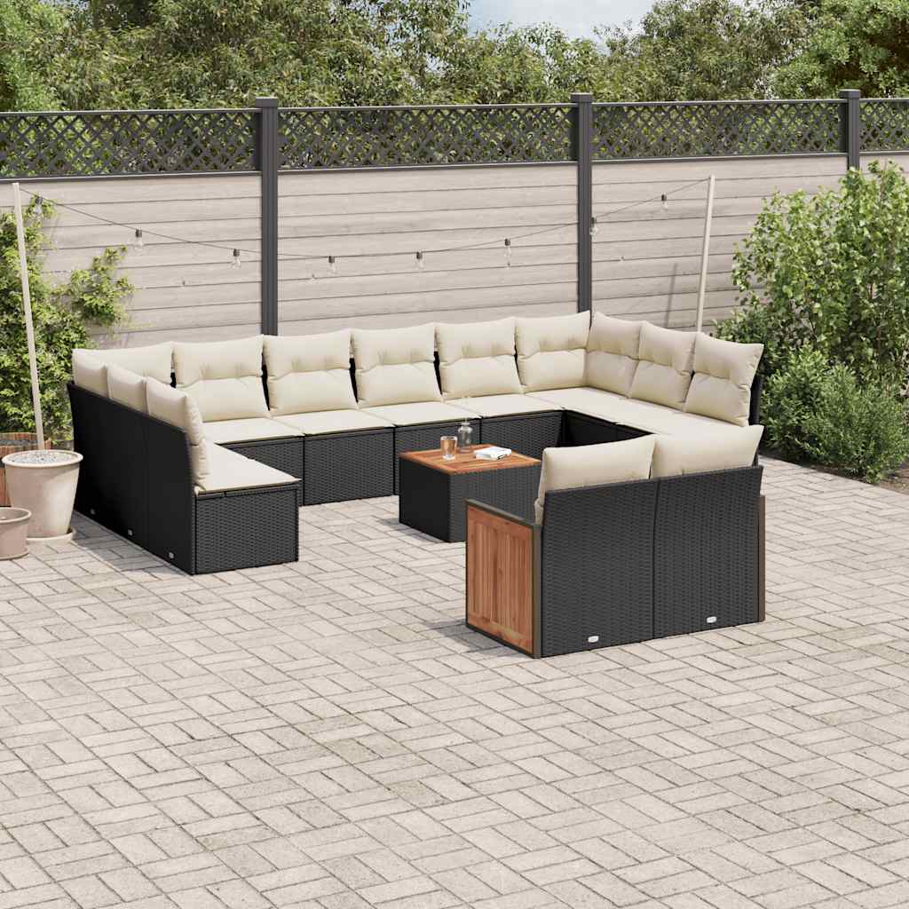 13 Pcs conjunto de sofás de jardim com almofadões vime PE preto