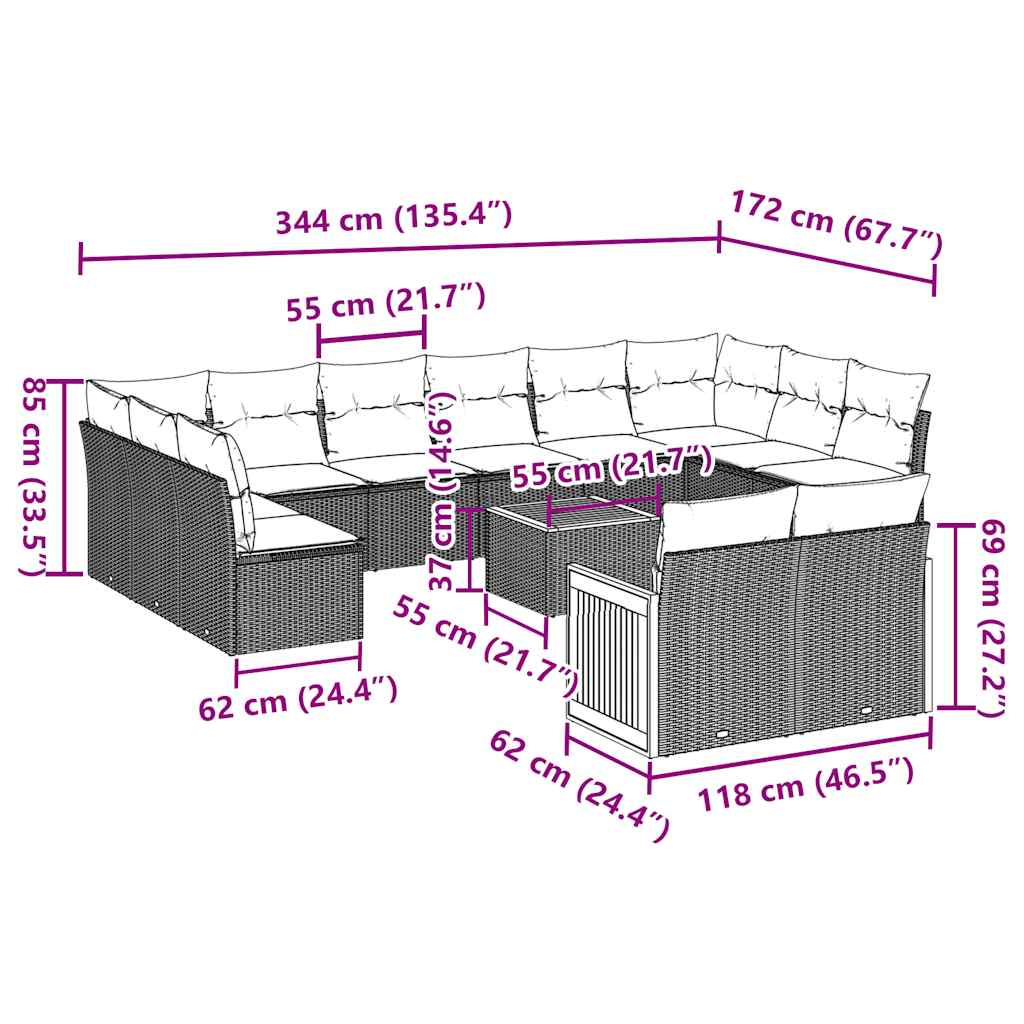13 Pcs conjunto de sofás de jardim com almofadões vime PE preto