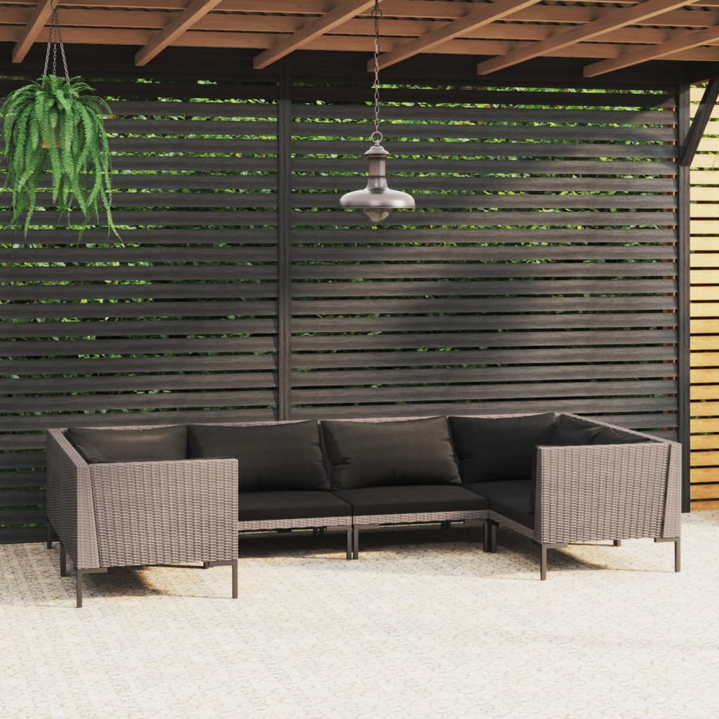 6 Pcs conj. lounge jardim c/ almofadões vime PE cinza-escuro