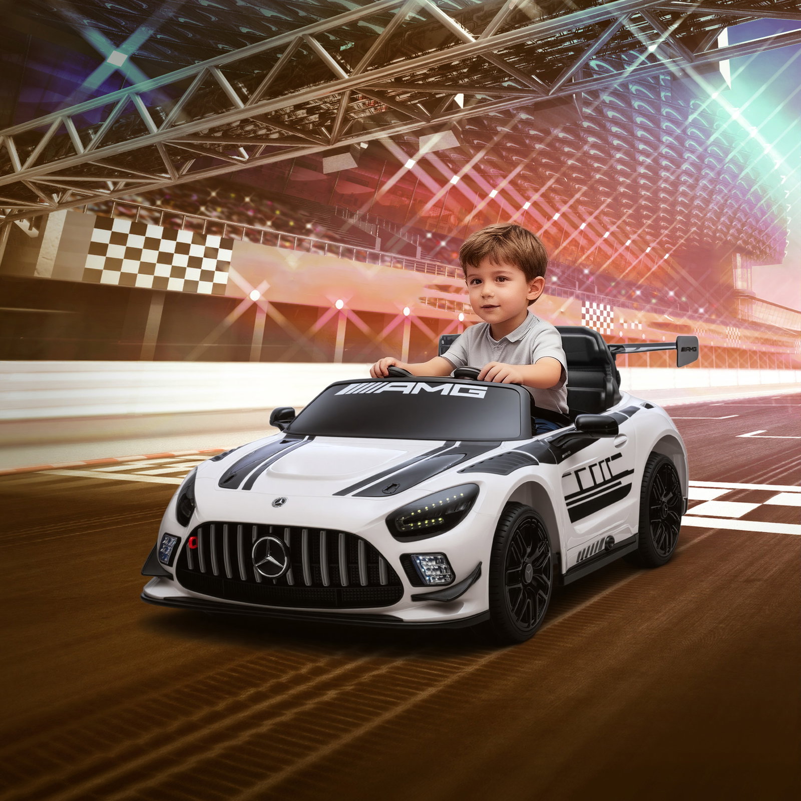 Carro elétrico para crianças mercedes-amg gt3 evo12v com controlo remoto 2,4g e motor duplo 115x66x44 cm branco