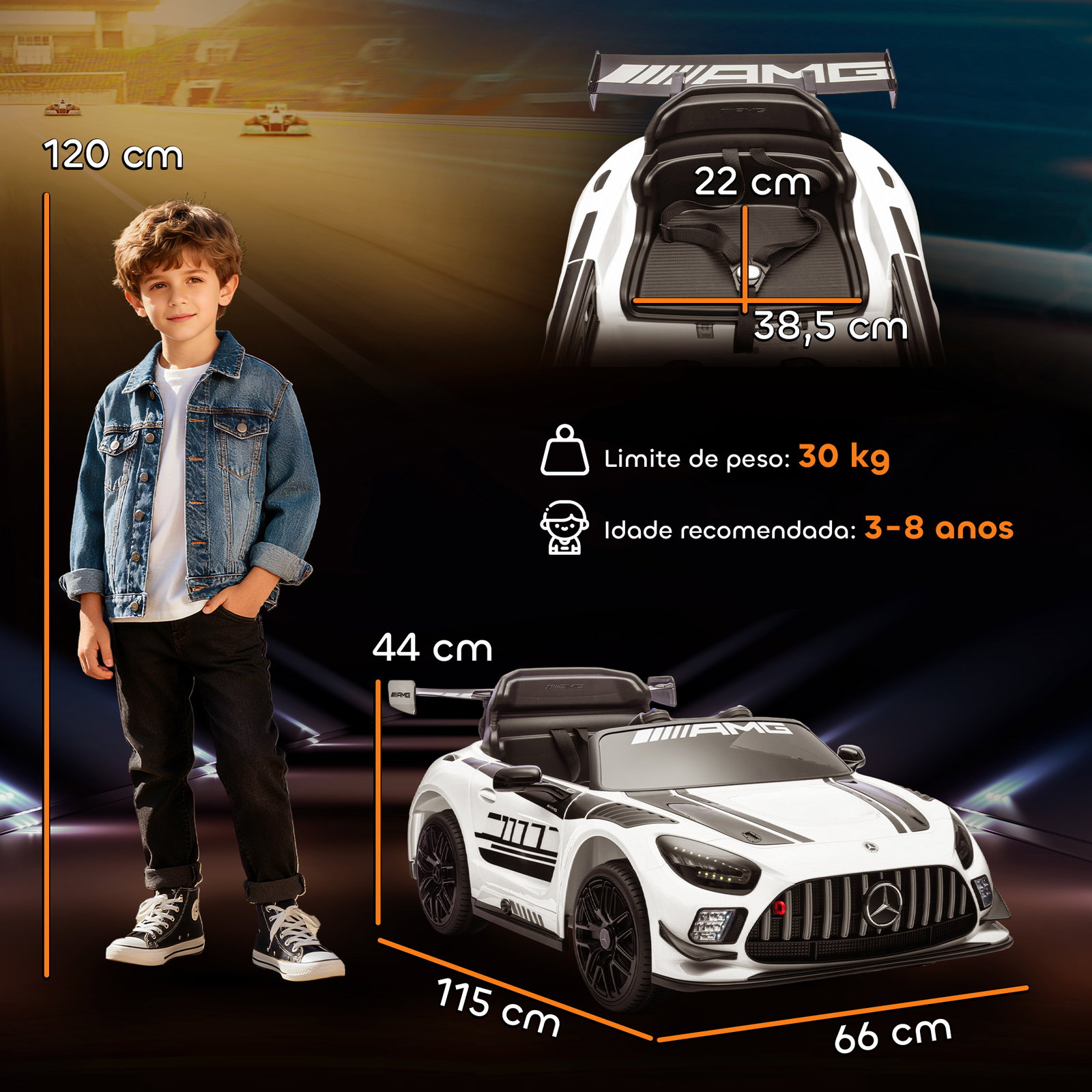 Carro elétrico para crianças mercedes-amg gt3 evo12v com controlo remoto 2,4g e motor duplo 115x66x44 cm branco