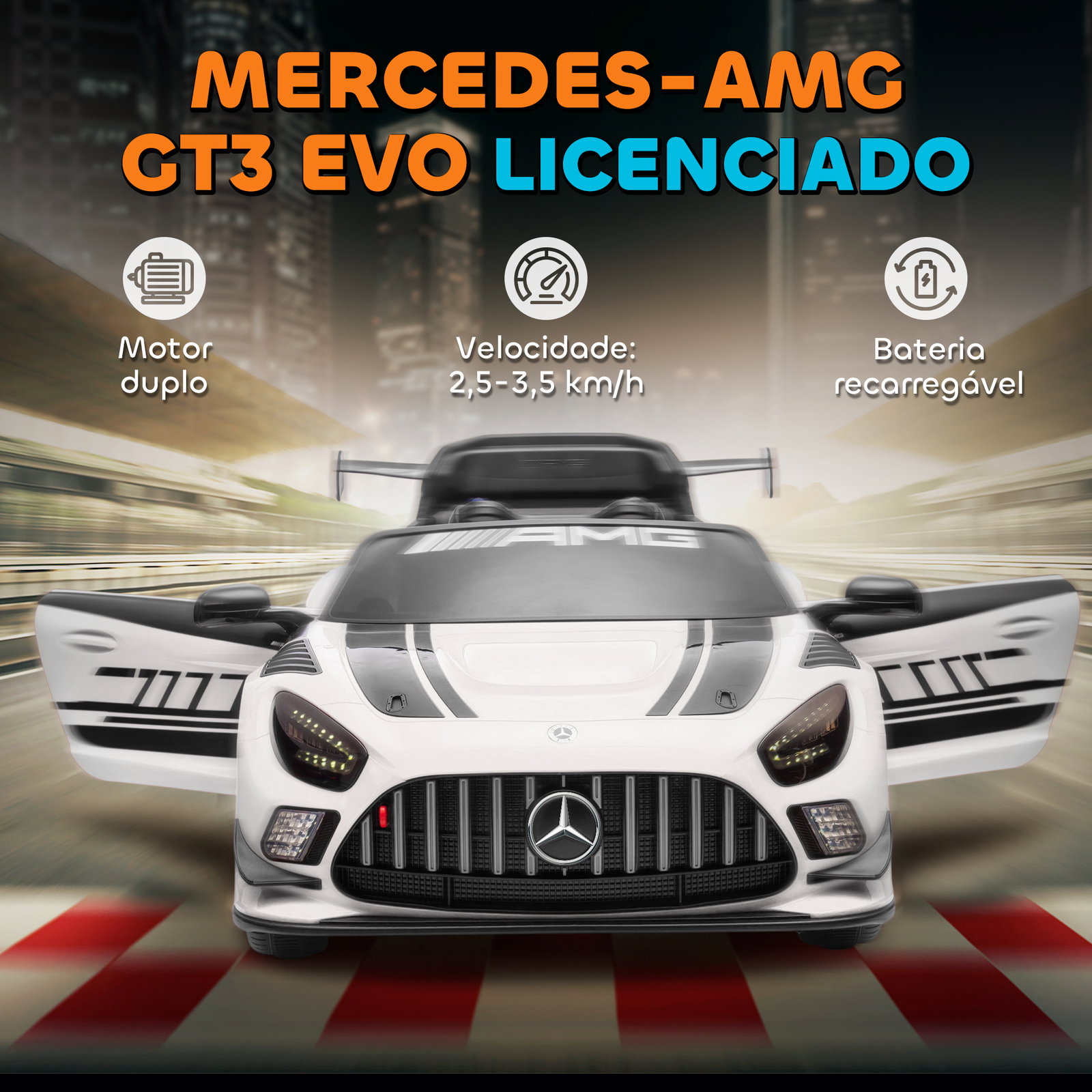 Carro elétrico para crianças mercedes-amg gt3 evo12v com controlo remoto 2,4g e motor duplo 115x66x44 cm branco