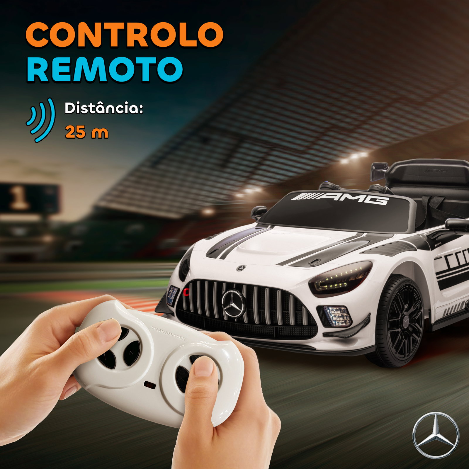 Carro elétrico para crianças mercedes-amg gt3 evo12v com controlo remoto 2,4g e motor duplo 115x66x44 cm branco