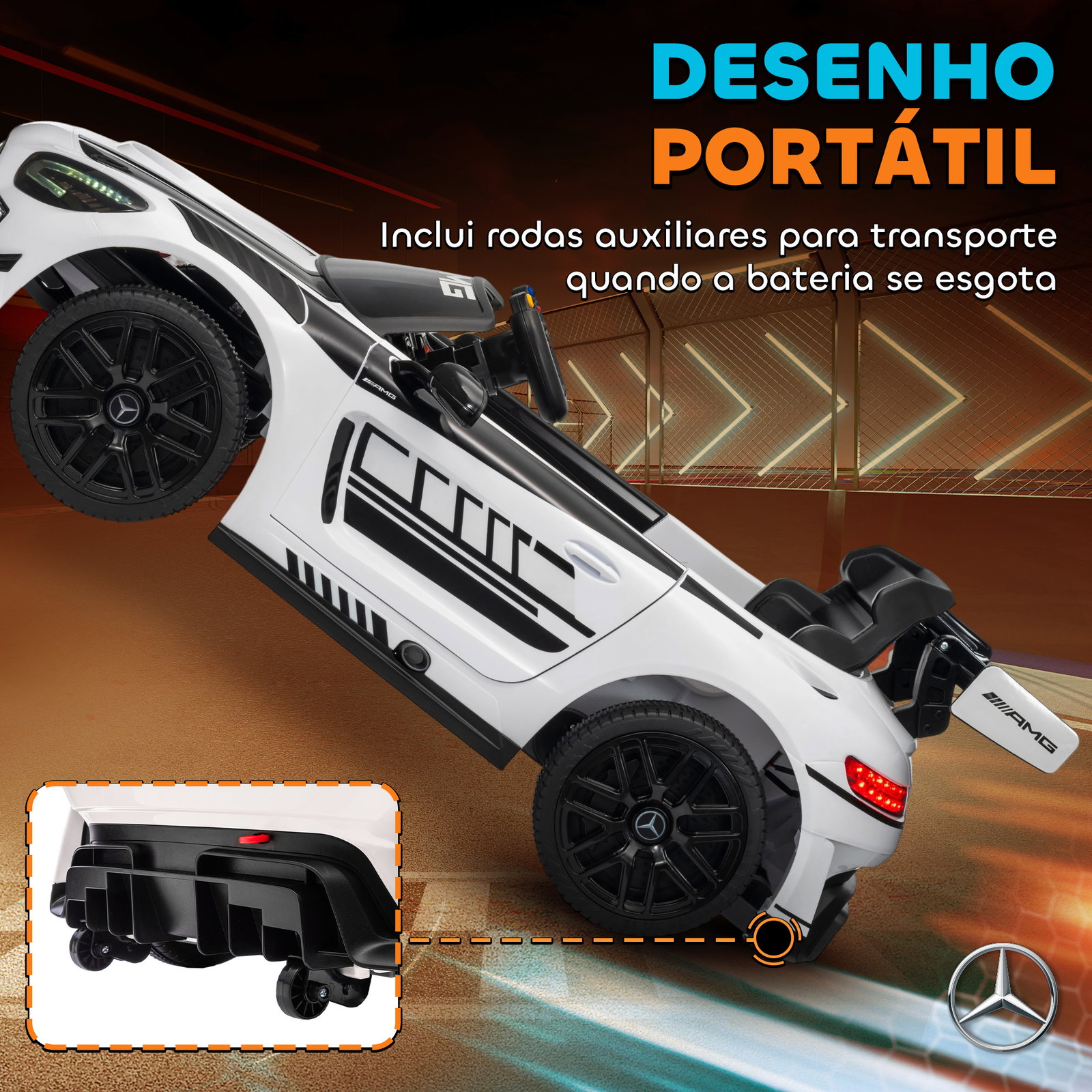 Carro elétrico para crianças mercedes-amg gt3 evo12v com controlo remoto 2,4g e motor duplo 115x66x44 cm branco