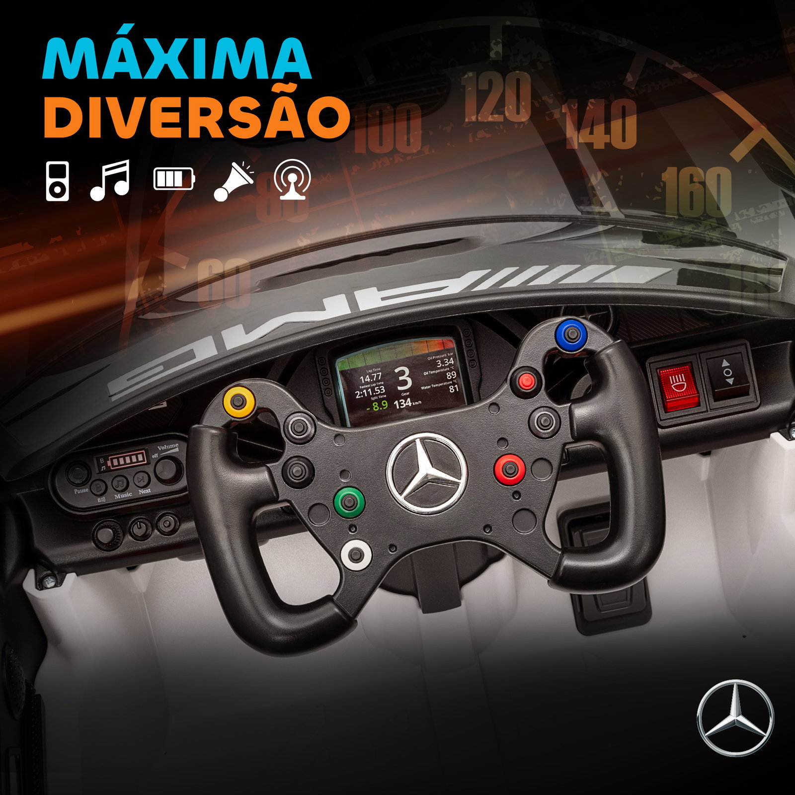Carro elétrico para crianças mercedes-amg gt3 evo12v com controlo remoto 2,4g e motor duplo 115x66x44 cm branco