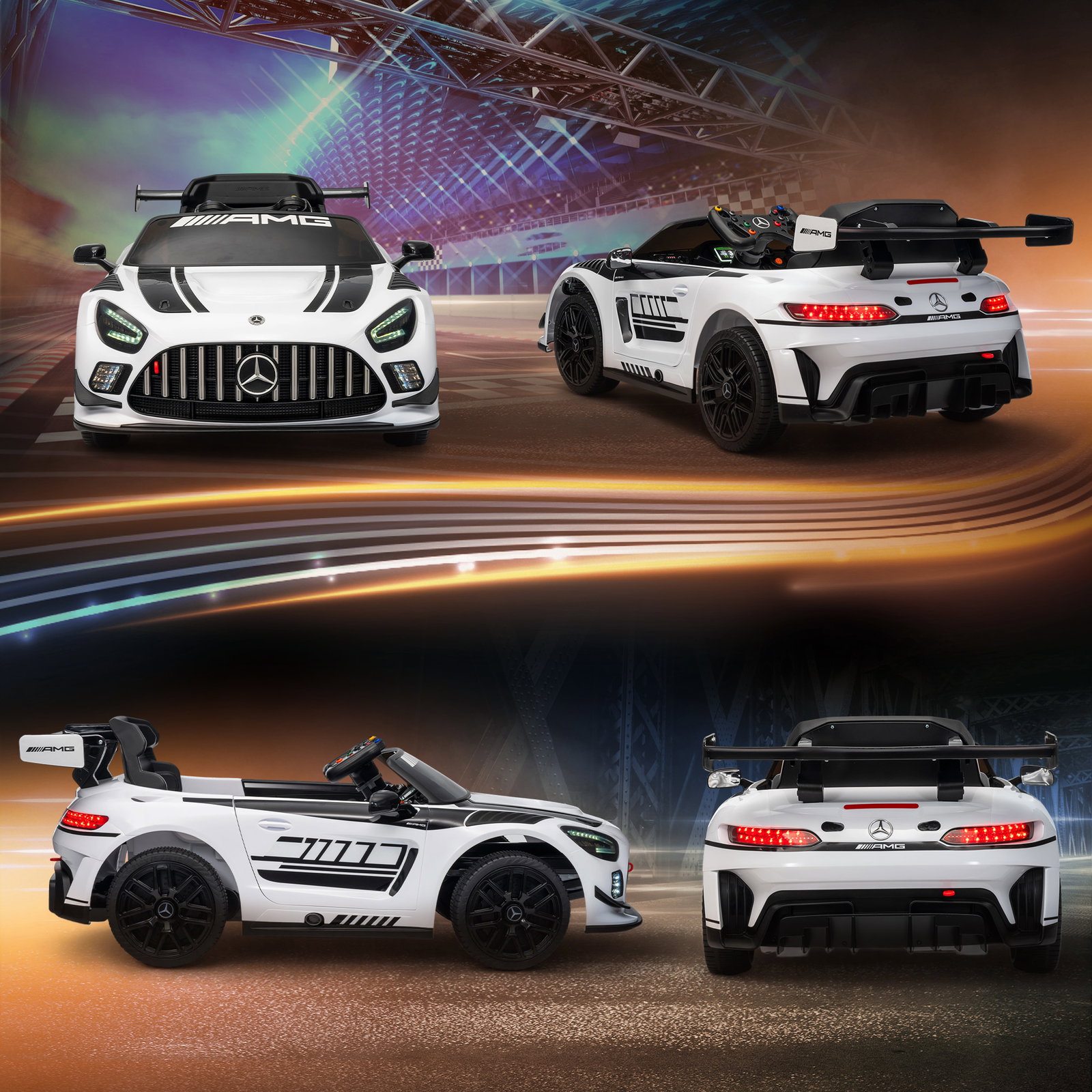 Carro elétrico para crianças mercedes-amg gt3 evo12v com controlo remoto 2,4g e motor duplo 115x66x44 cm branco