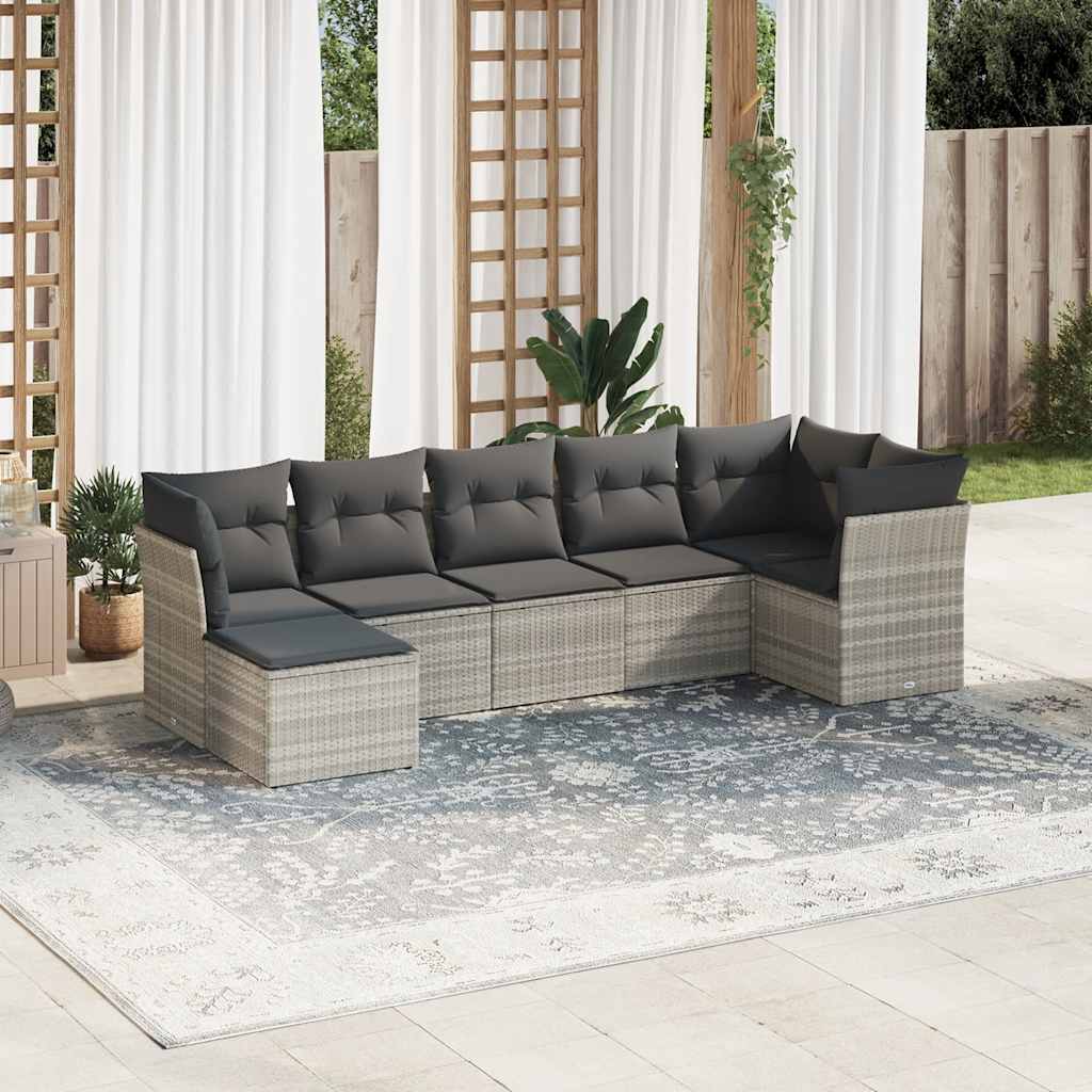 7 Pcs conj. sofás jardim com almofadões vime PE cinzento-claro