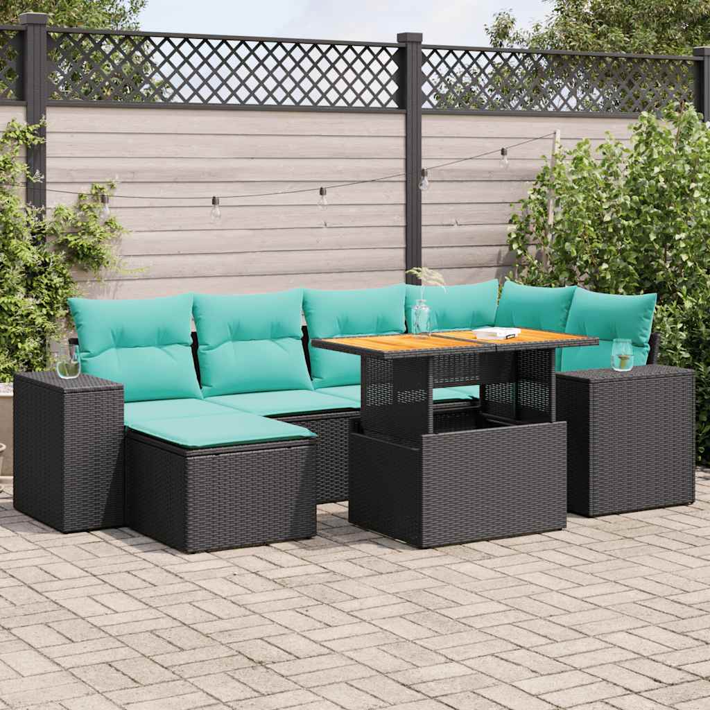 7 Pcs conjunto de sofás p/ jardim c/ almofadões vime PE preto