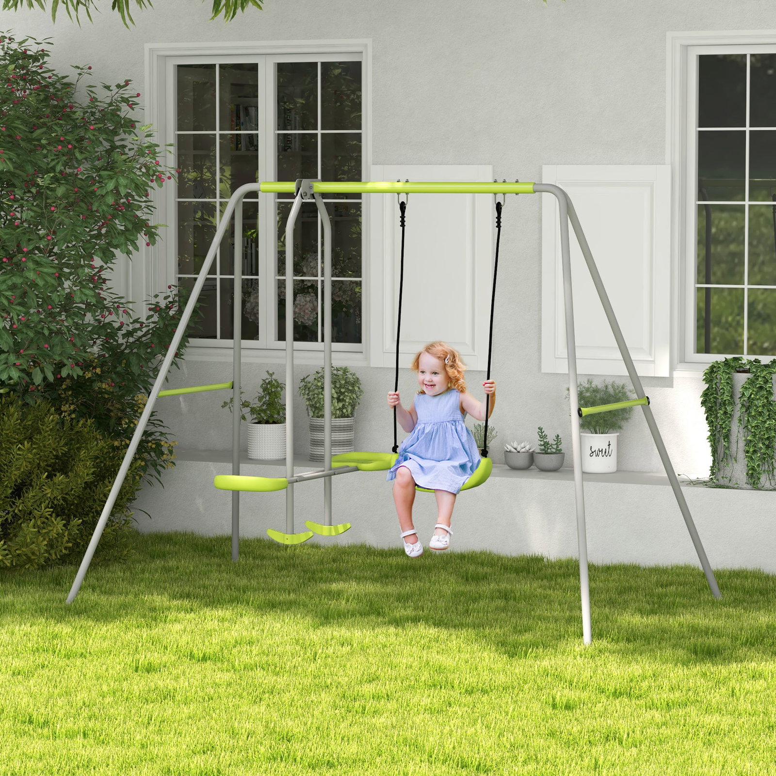 Baloiço para crianças baloiço jardim com 1 baloiço simples 1 planador e anti-UV 255x160x180 cm cinza e verde