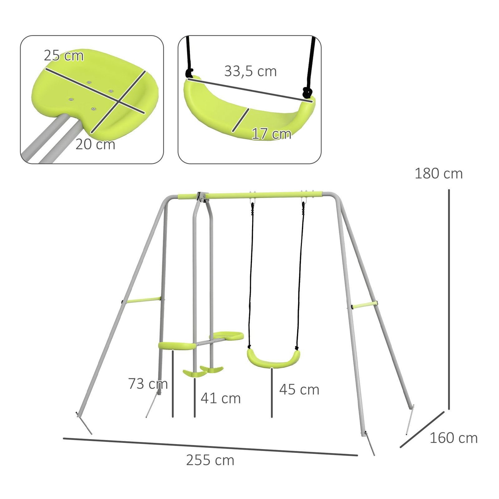 Baloiço para crianças baloiço jardim com 1 baloiço simples 1 planador e anti-UV 255x160x180 cm cinza e verde