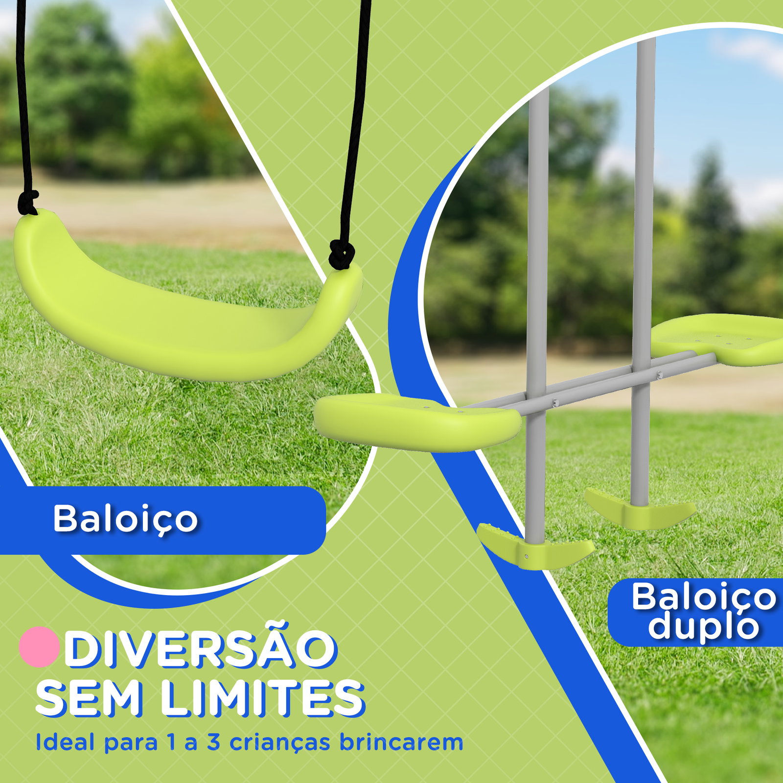 Baloiço para crianças baloiço jardim com 1 baloiço simples 1 planador e anti-UV 255x160x180 cm cinza e verde