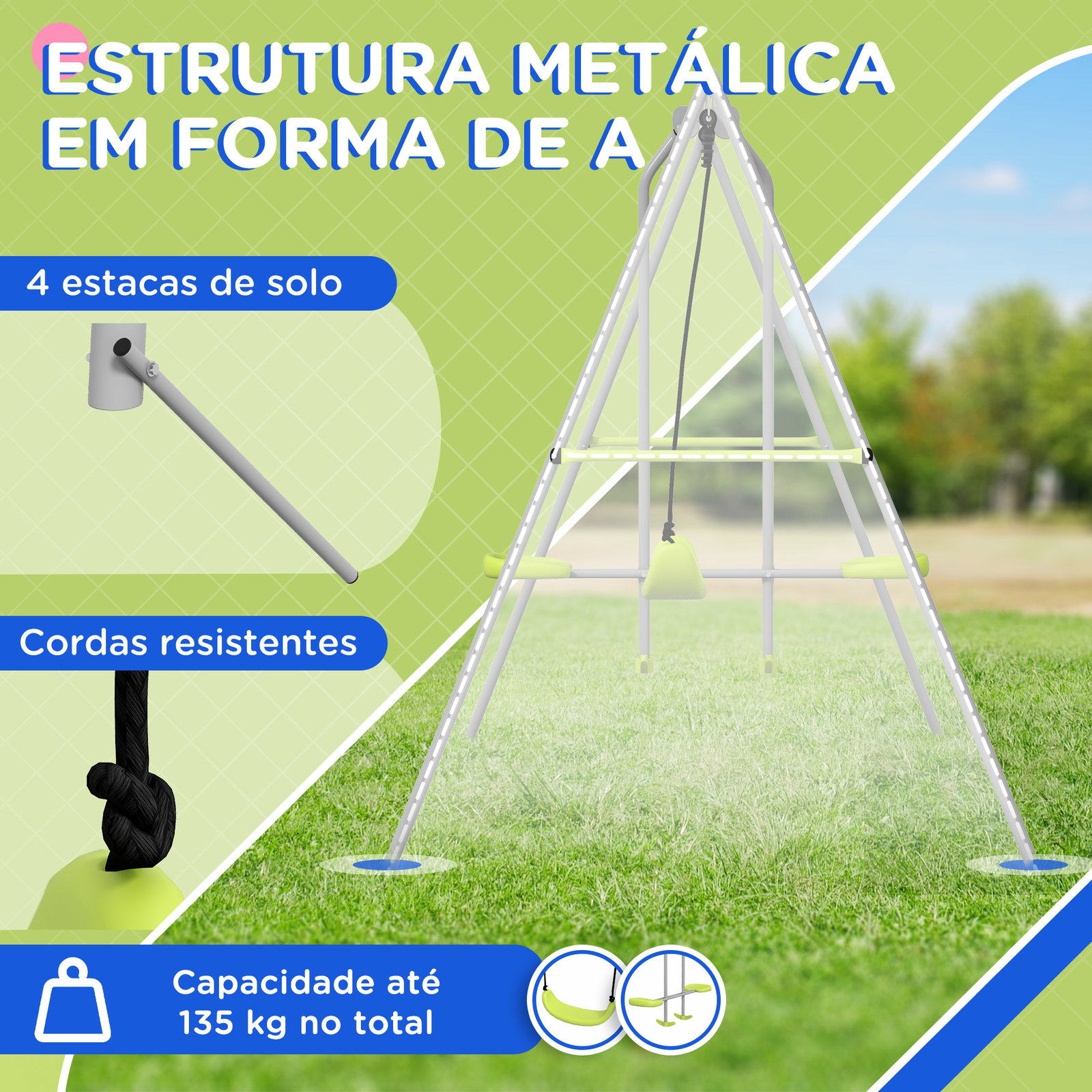 Baloiço para crianças baloiço jardim com 1 baloiço simples 1 planador e anti-UV 255x160x180 cm cinza e verde