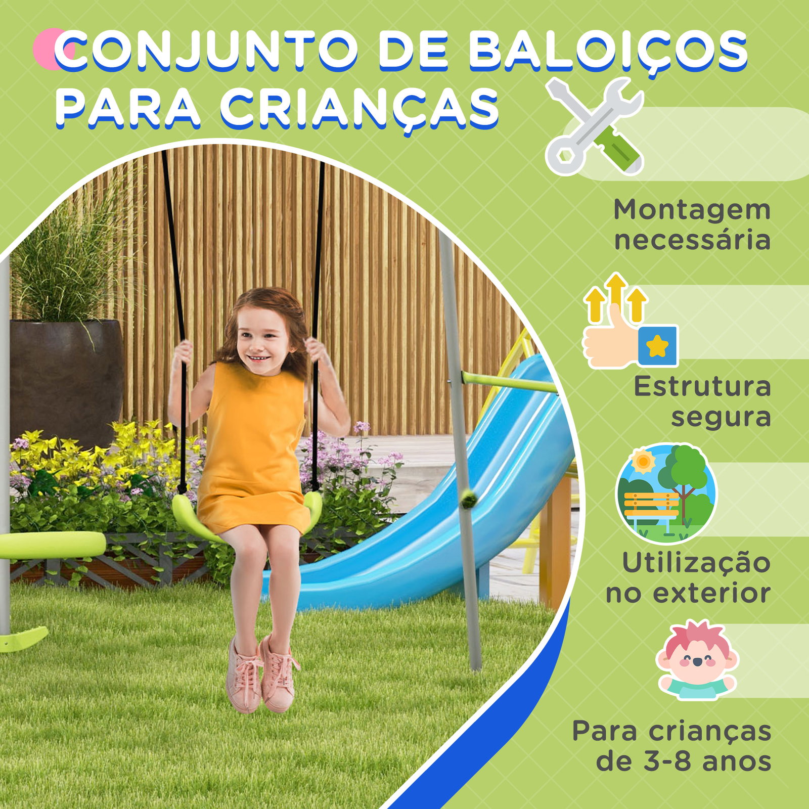 Baloiço para crianças baloiço jardim com 1 baloiço simples 1 planador e anti-UV 255x160x180 cm cinza e verde