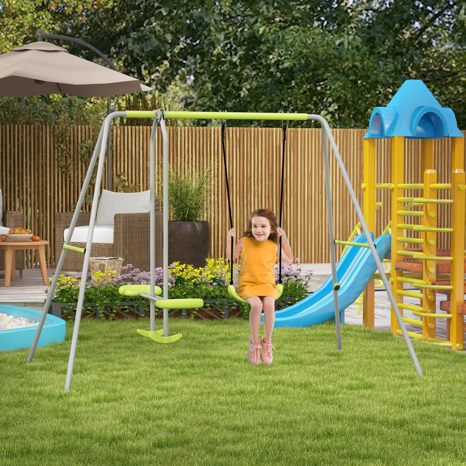 Baloiço para crianças baloiço jardim com 1 baloiço simples 1 planador e anti-UV 255x160x180 cm cinza e verde