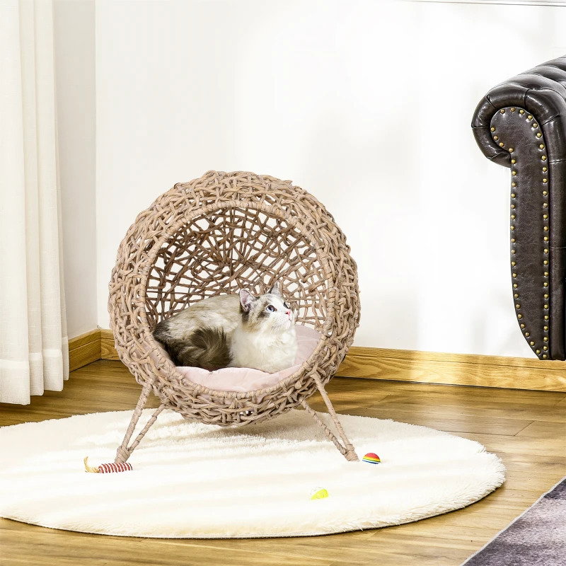 Cama para gatos em vime sintético com base de tripé almofada com pelúcia e algodão suave desenho elevado ø52x58 cm madeira