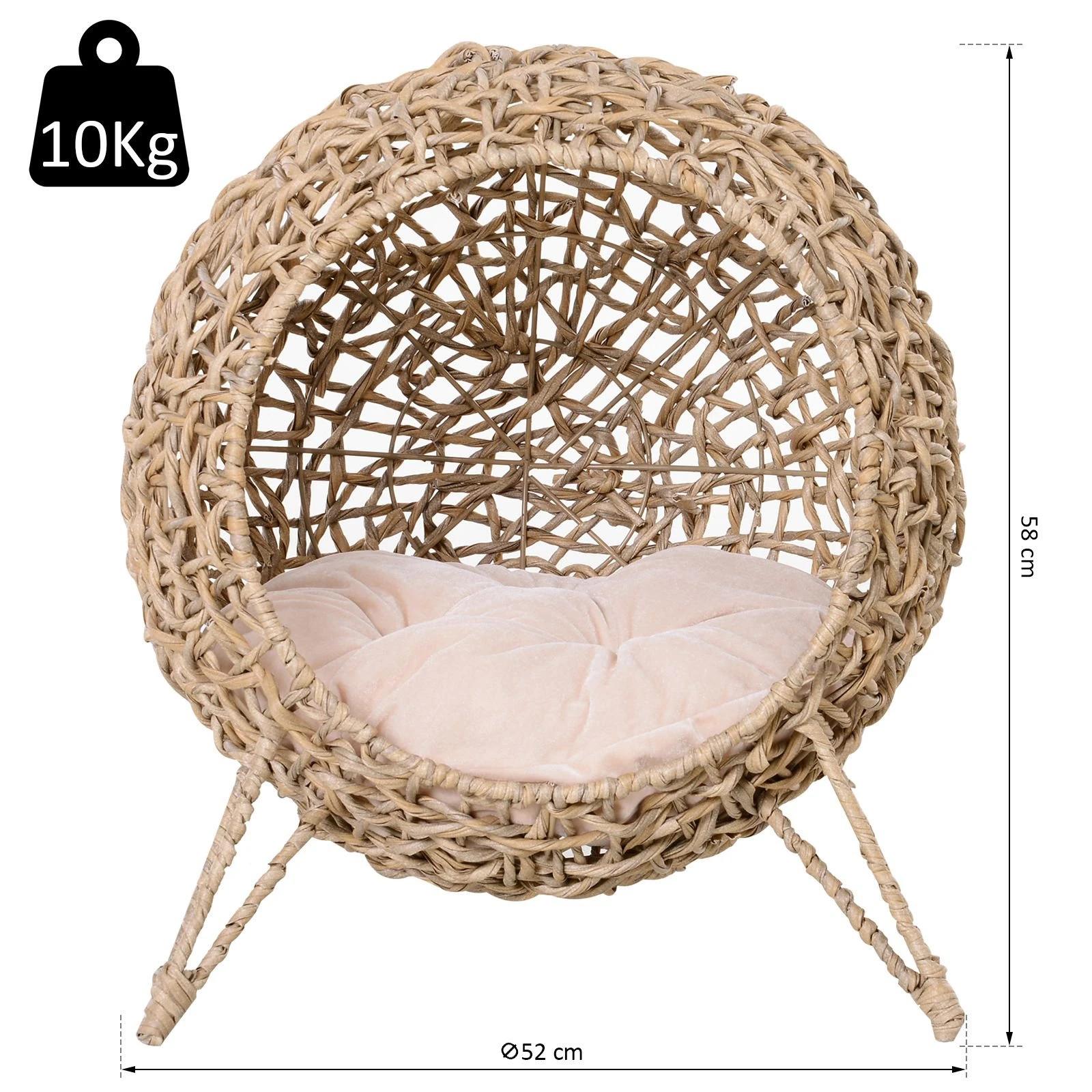 Cama para gatos em vime sintético com base de tripé almofada com pelúcia e algodão suave desenho elevado ø52x58 cm madeira