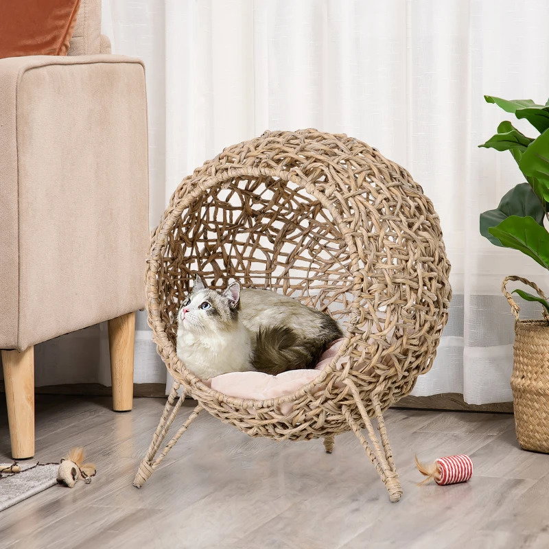 Cama para gatos em vime sintético com base de tripé almofada com pelúcia e algodão suave desenho elevado ø52x58 cm madeira