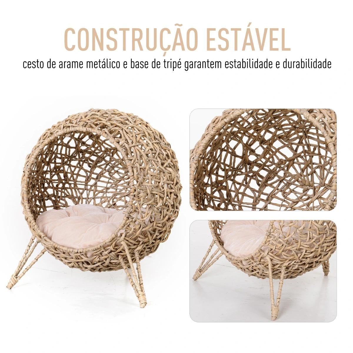 Cama para gatos em vime sintético com base de tripé almofada com pelúcia e algodão suave desenho elevado ø52x58 cm madeira