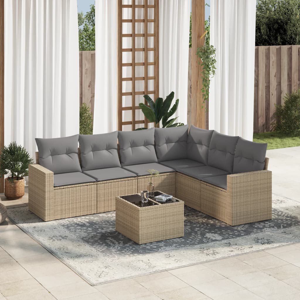7 Pcs conjunto de sofás p/ jardim com almofadões vime PE bege
