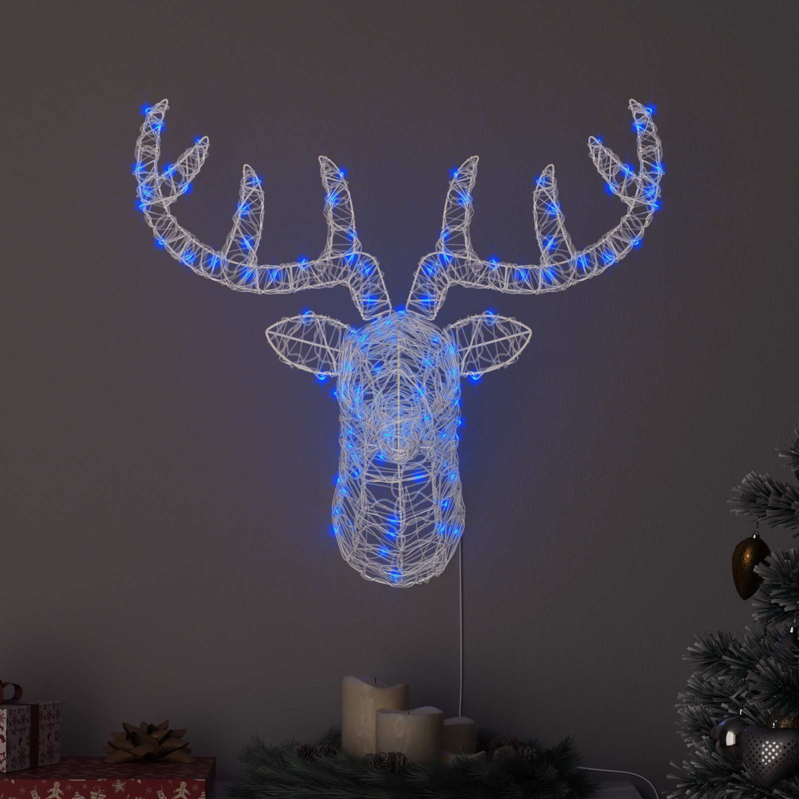 Cabeça de rena com 140 leds azul 68 x 36,5 x 62,5 cm acrílo