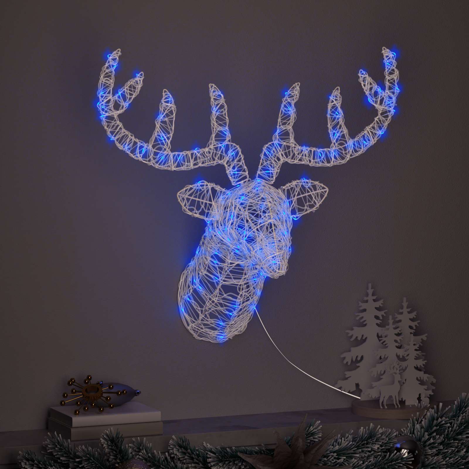 Cabeça de rena com 140 leds azul 68 x 36,5 x 62,5 cm acrílo