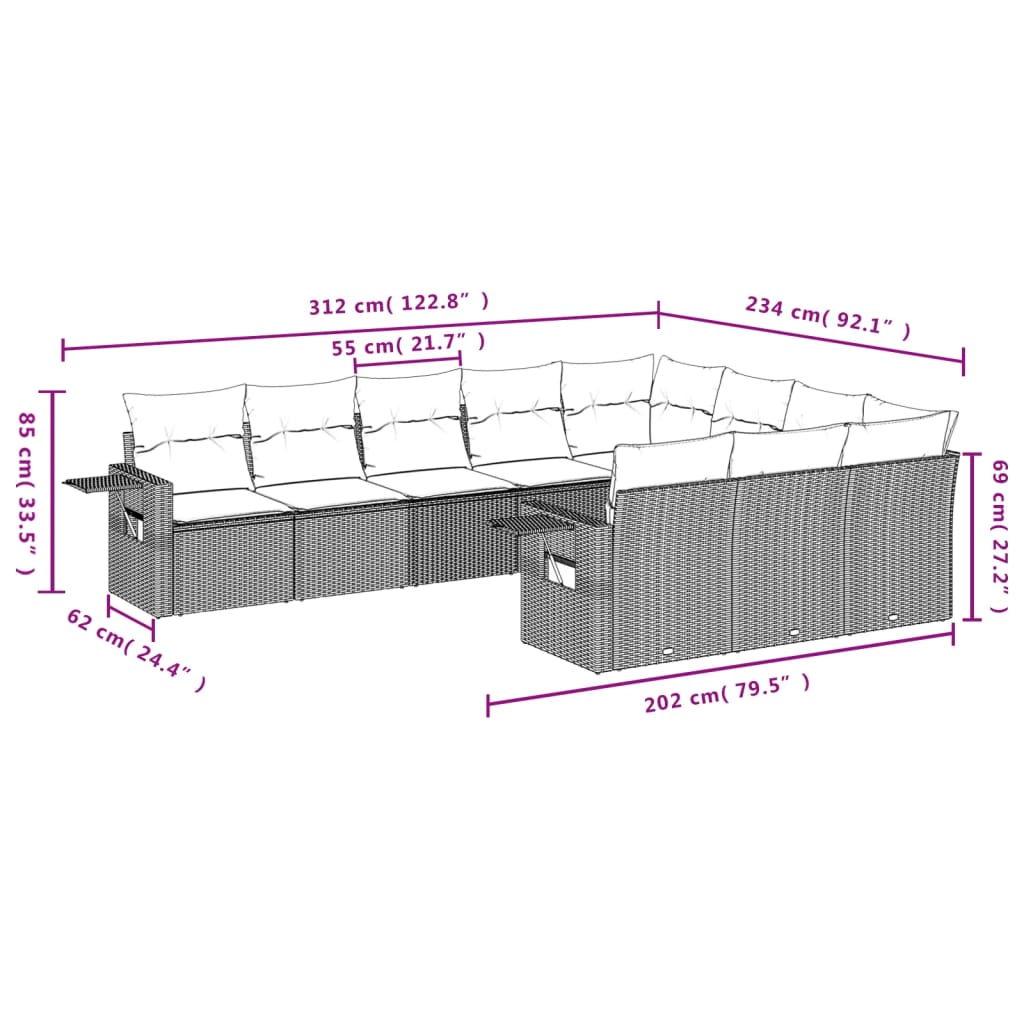 10 Pcs conjunto de sofás p/ jardim com almofadões vime PE bege