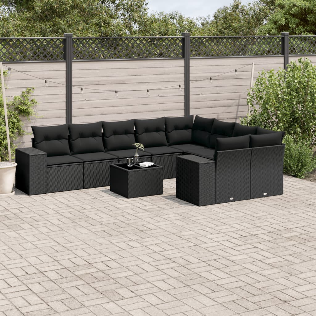 10 Pcs conjunto sofás de jardim c/ almofadões vime PE preto
