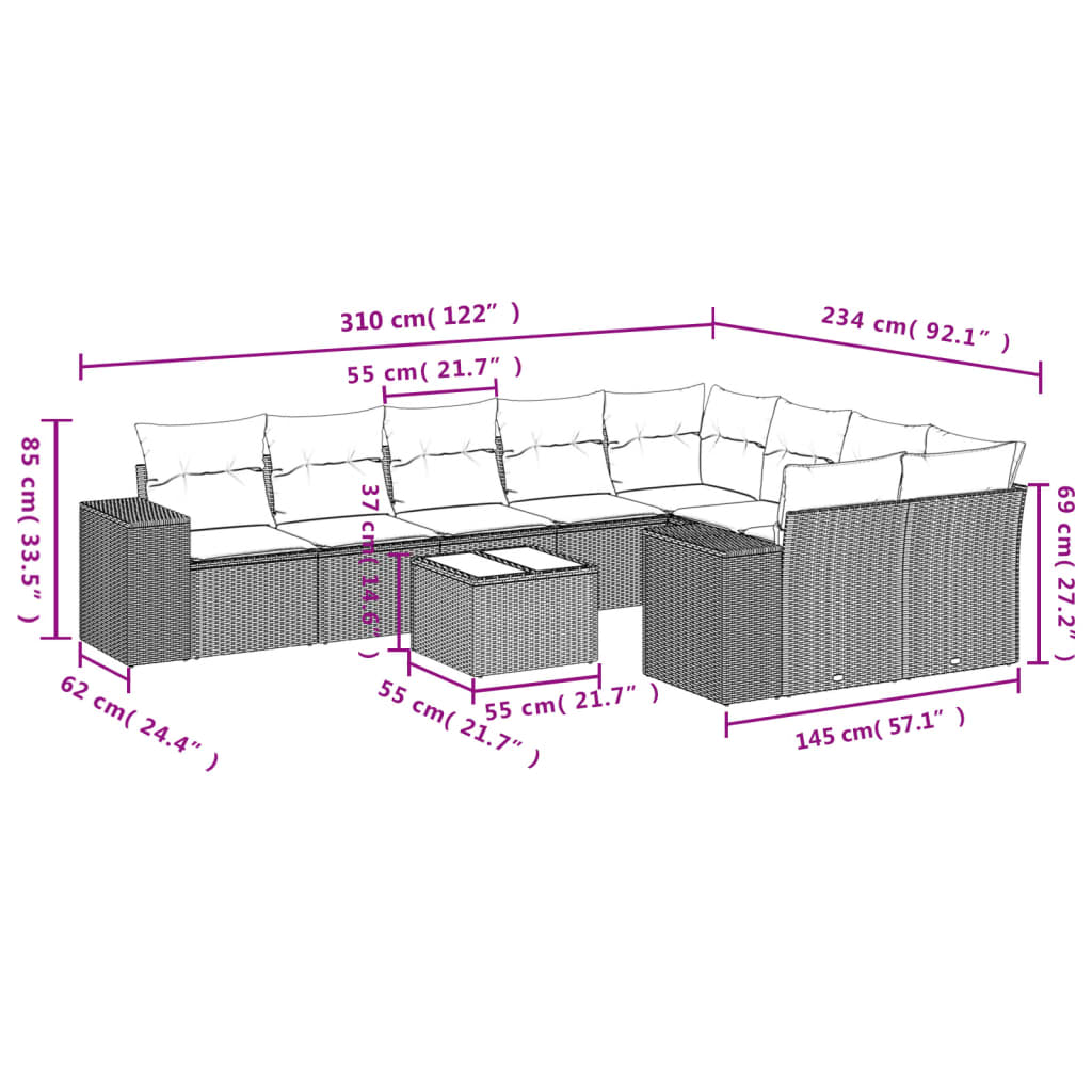 10 Pcs conjunto sofás de jardim c/ almofadões vime PE preto